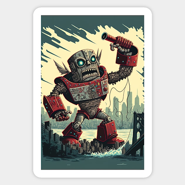 giant robot cyborg attacking the city - Japanese style Sticker by KoolArtDistrict